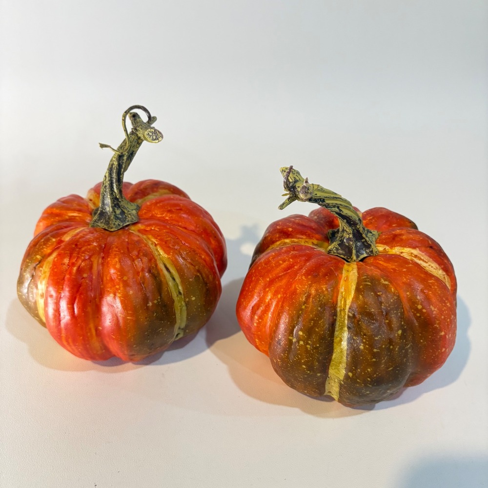 Set of 2 Realistic Faux Pumpkins Fall Autumn Thanksgiving Decor Orange Green 5in